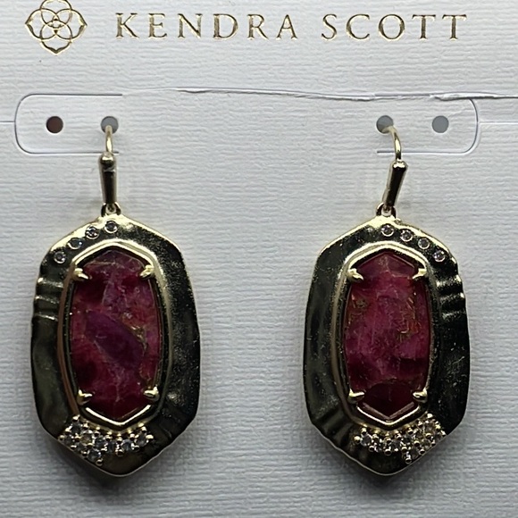 Kendra Scott Anna Drop Gold Bronze Veined Maroon Jade Earrings - Picture 2 of 8